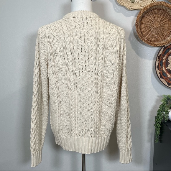 Men's L.L.Bean Signature Cotton Chunky Cable Knit Fisherman Sweater Beige Medium - Picture 4 of 13